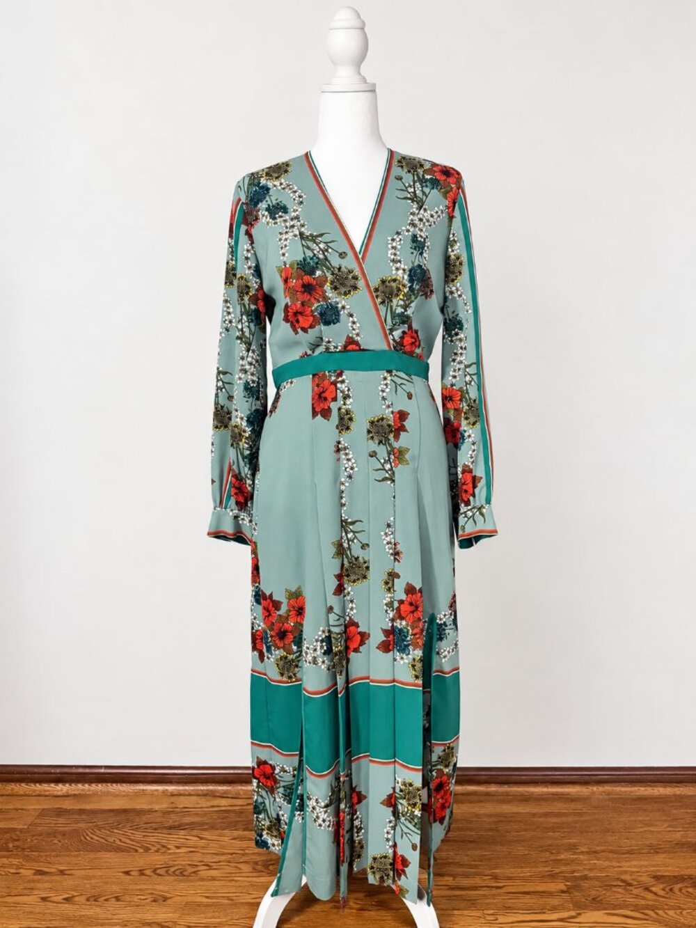 Sandro Sage Green Floral Print Long Sleeve Midi Dress | Size 36 (US 4)